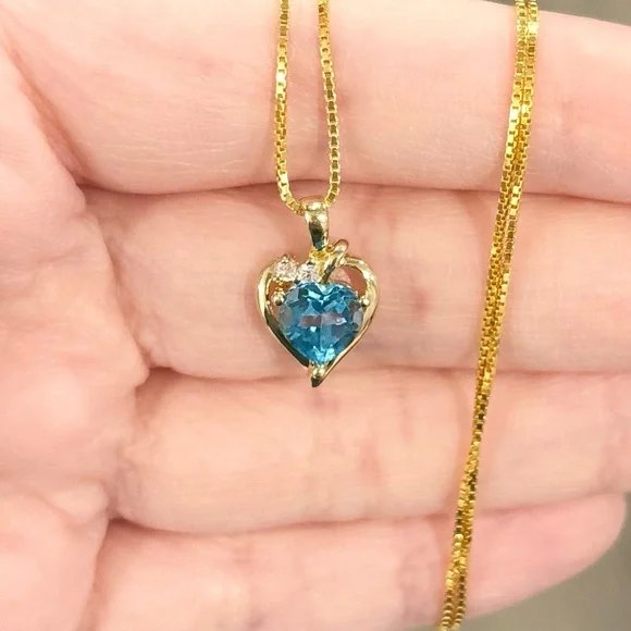 10K Swiss Blue Topaz heart cut cz petite elegant yellow gold open heart pendant - Picture 5 of 11